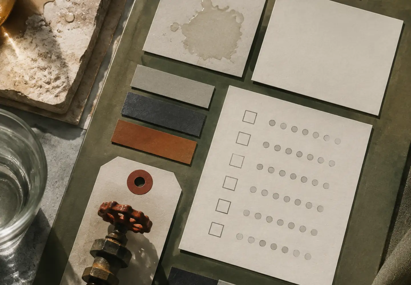 Composición cenital con muestra de humedad, válvula y tarjetas geométricas ordenadas sobre una base verde oliva